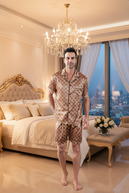 Brown patterned short suit set: short-sleeve shirt and matching shorts, standing