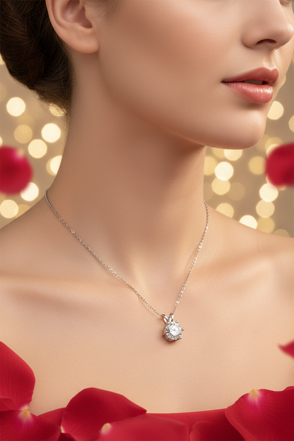 Silver pendant necklace with round crystal pendant on a thin chain, close-up