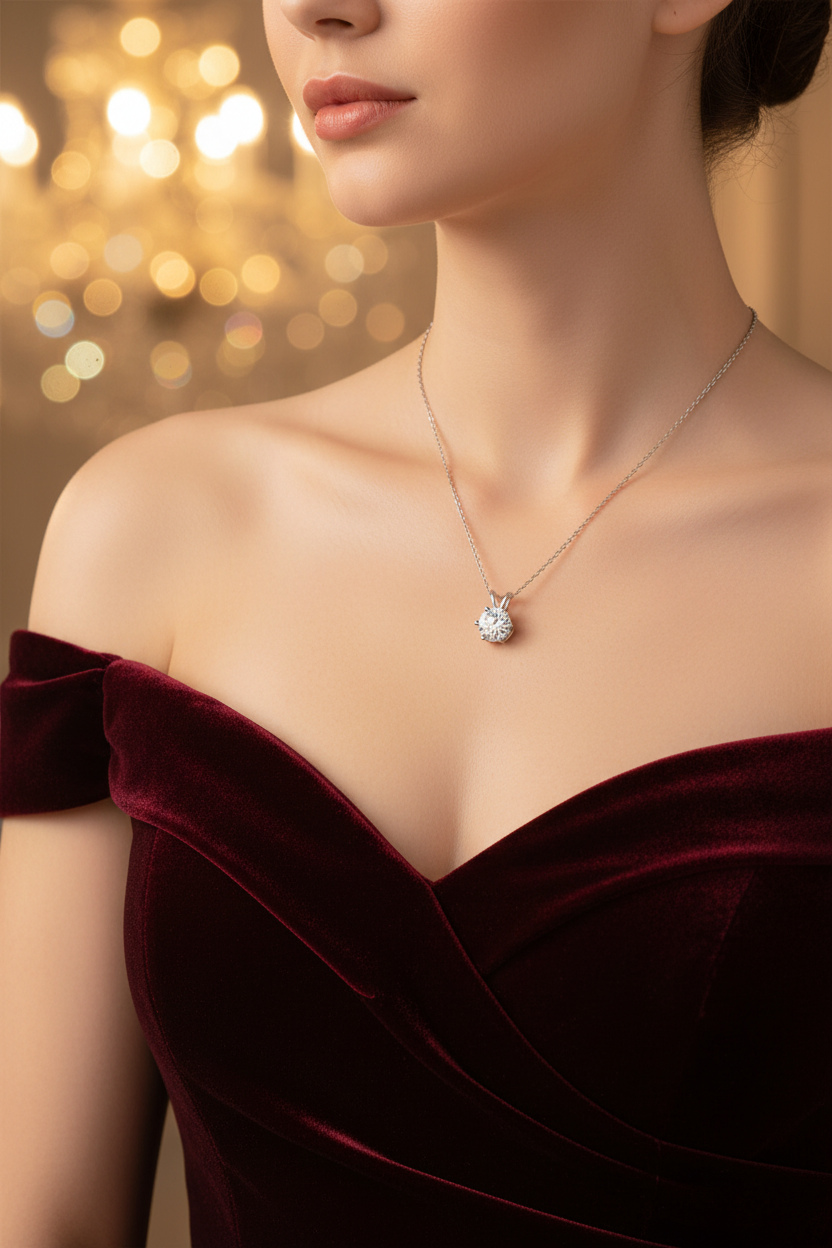 Silver pendant necklace with round crystal-look center and thin chain