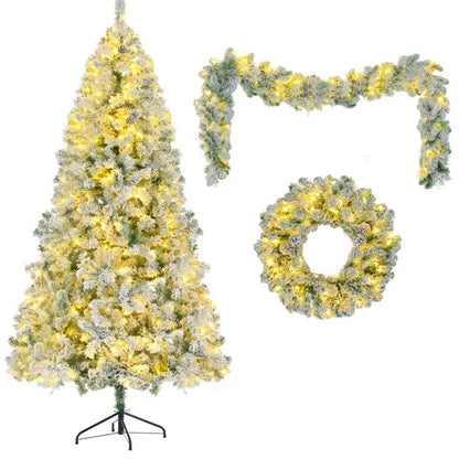 6FT Snow Flocked Christmas Pre Lit Set With Tree Garland Wreath, Artificial Hinged With Colorful LED Lights8 Lighting Modes, Pine Cones