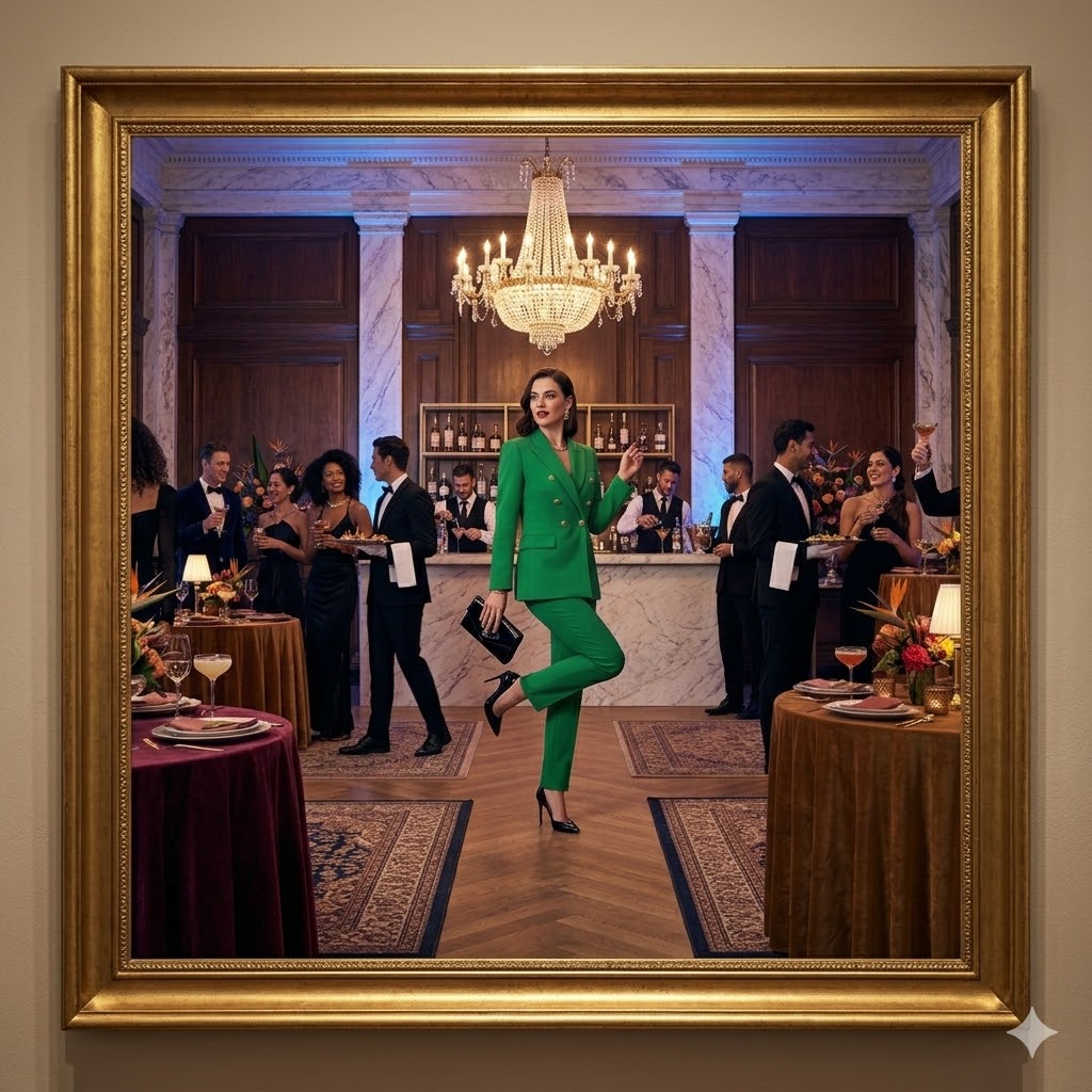 Green women's matching suit blazer and slim trousers set, full-body view.
