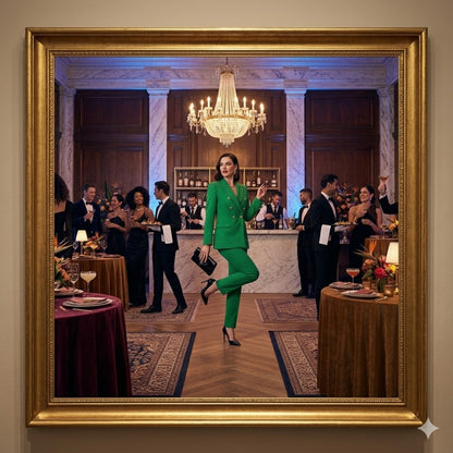 Green women's matching suit blazer and slim trousers set, full-body view.