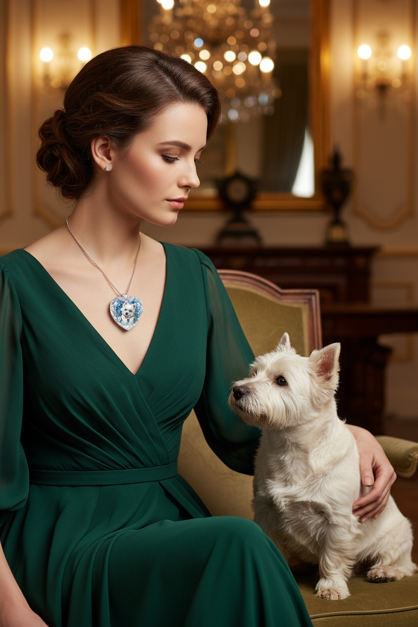 Heart crystal pendant necklace on silver chain, blue heart charm with animal face