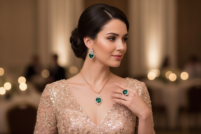 Bridal jewelry set with green drop necklace, matching earrings, and green gemstone ring