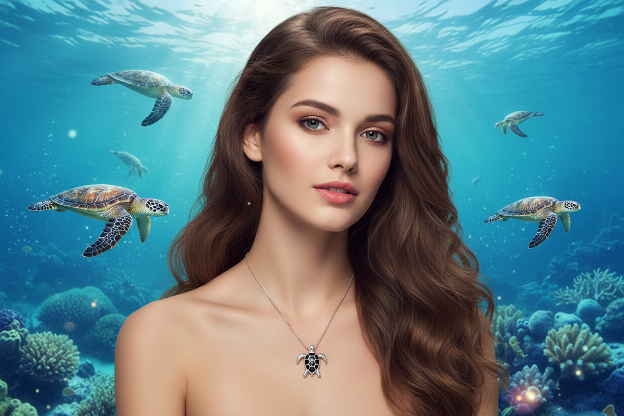 Silver turtle pendant necklace with centered turtle charm on a thin chain