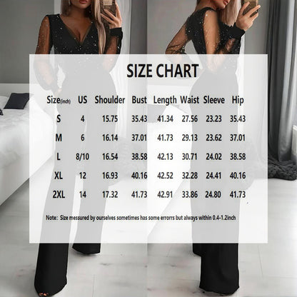 Women's Sexy Solid Color Deep V-Neck Tulle & Sequin Straight Leg Jumpsuit With Pockets