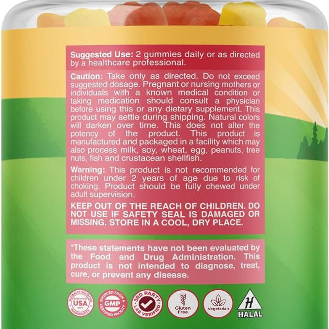 Children's multivitamin gummy bottle back label with usage and warning information