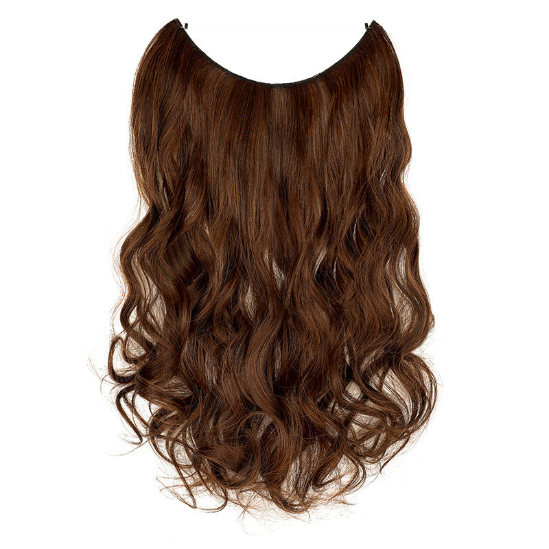Wavy hair extension wig in dark brown, curved top, long layered waves