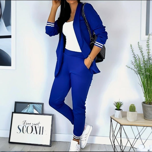 Women's Solid Color Suit Set - Striped Pocket Long Sleeve Blazer & Elastic Waist Trousers Professional Two-Piece Outfit