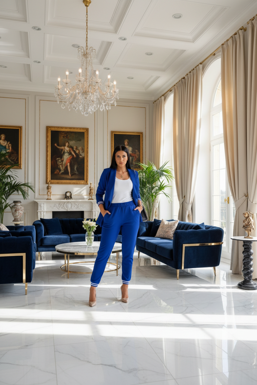 Women's suit set in blue: long-sleeve blazer and elastic-waist trousers with striped trim