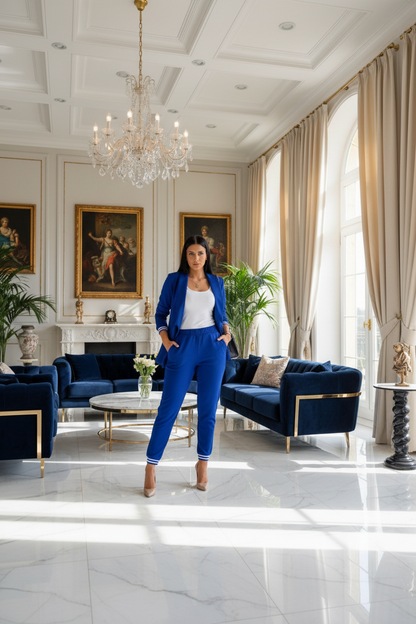 Women's suit set in blue: long-sleeve blazer and elastic-waist trousers with striped trim