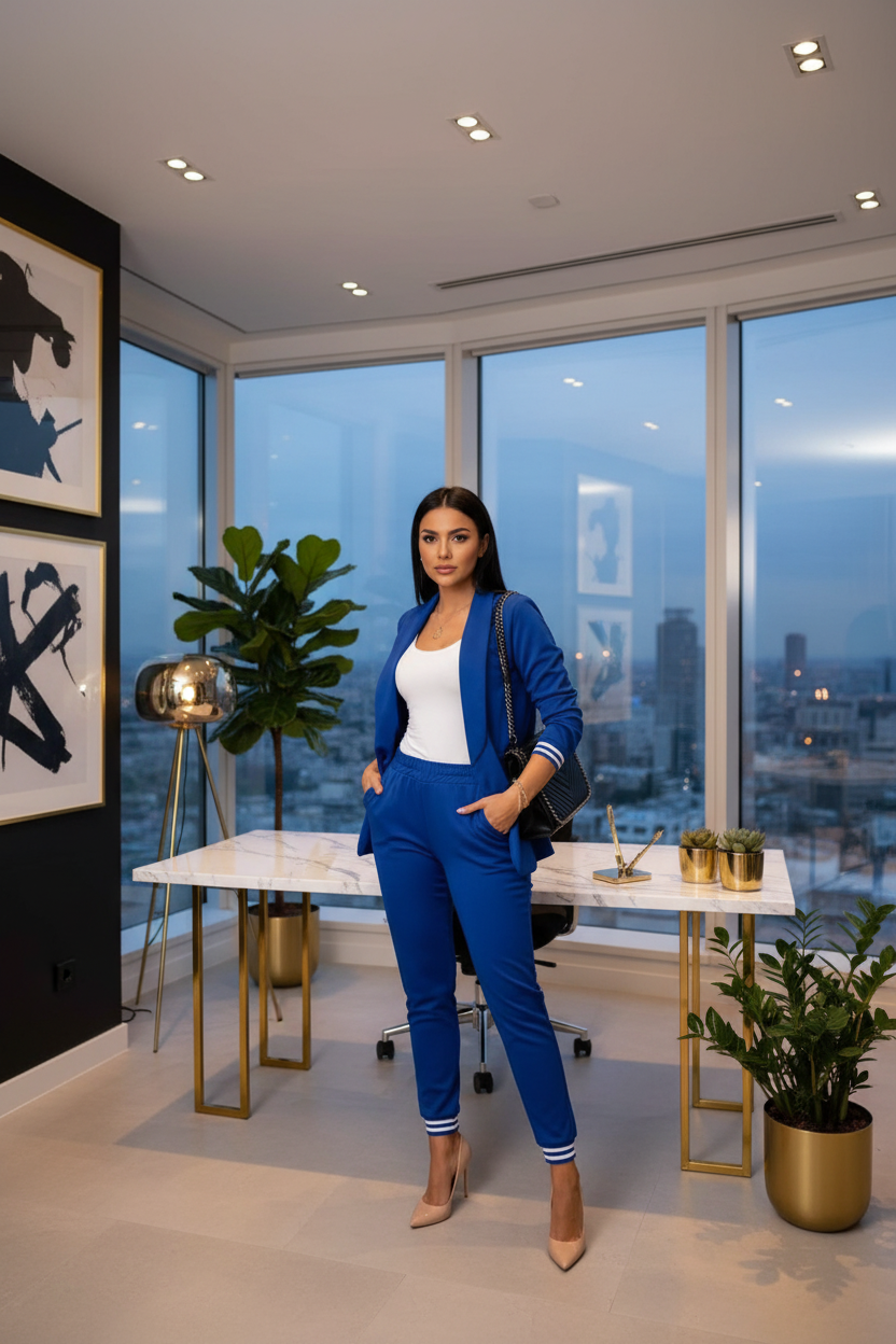 Women’s blue suit set with long-sleeve blazer and elastic-waist trousers