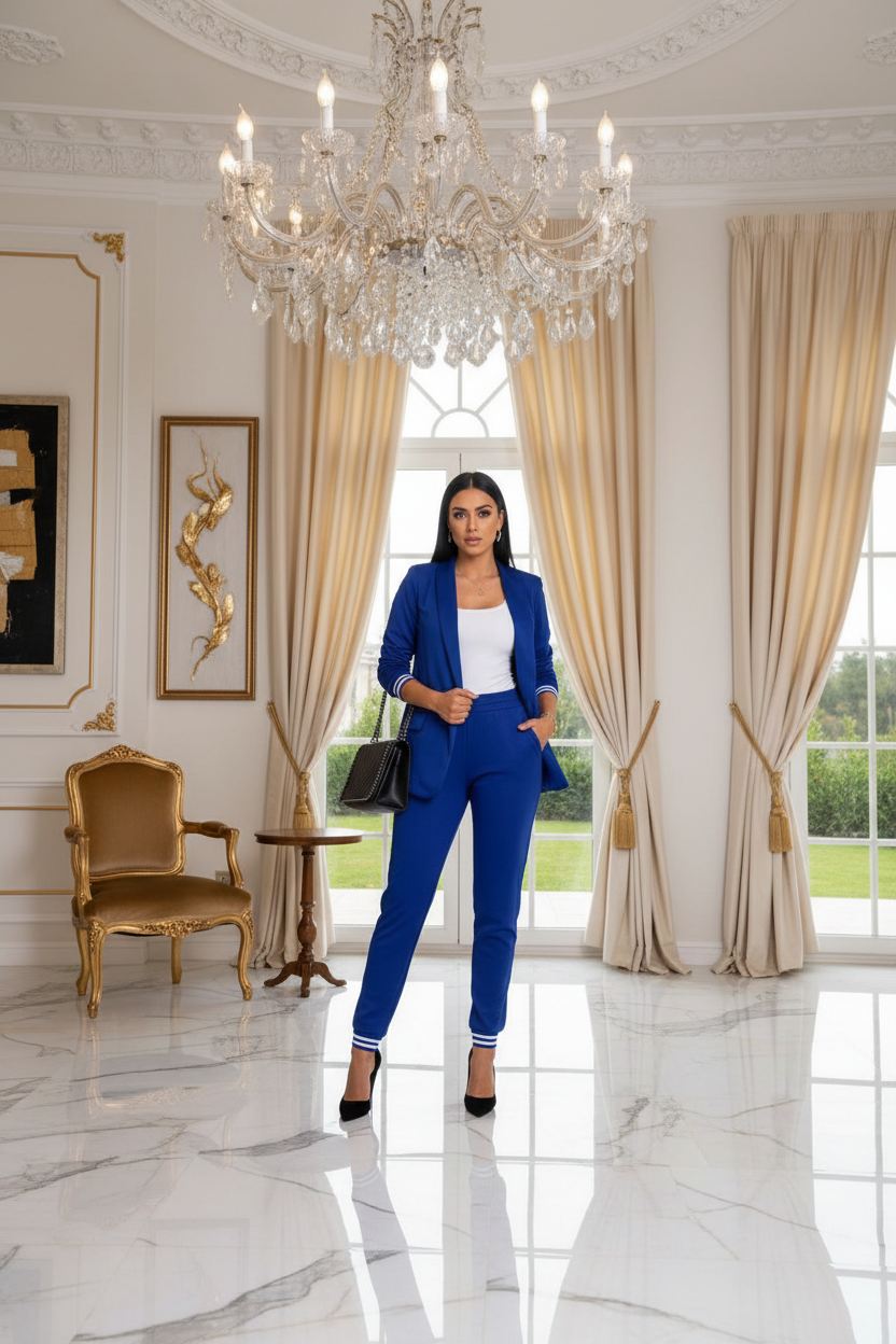 Women's suit set in blue: long-sleeve blazer with striped cuffs, elastic-waist trousers