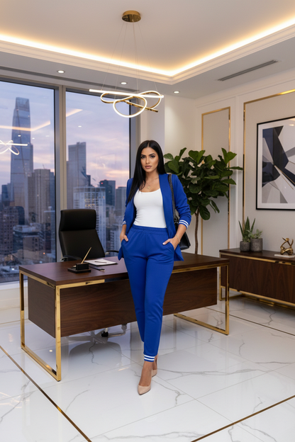 Women's suit set in blue: long-sleeve blazer with striped pockets, elastic-waist trousers