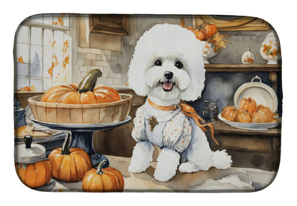 Bichon Frise Fall Kitchen Pumpkins Dish Drying Mat