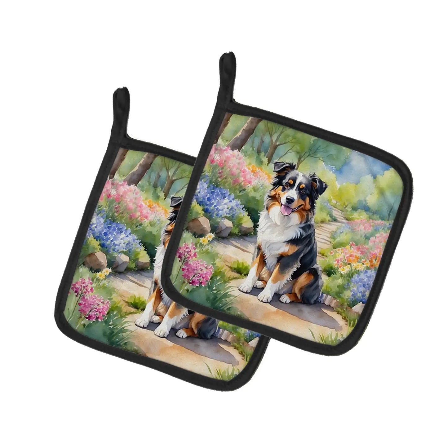 Australian Shepherd Spring Garden Pair of Pot Holders