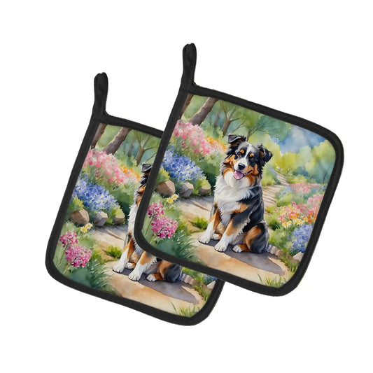 Australian Shepherd Spring Garden Pair of Pot Holders