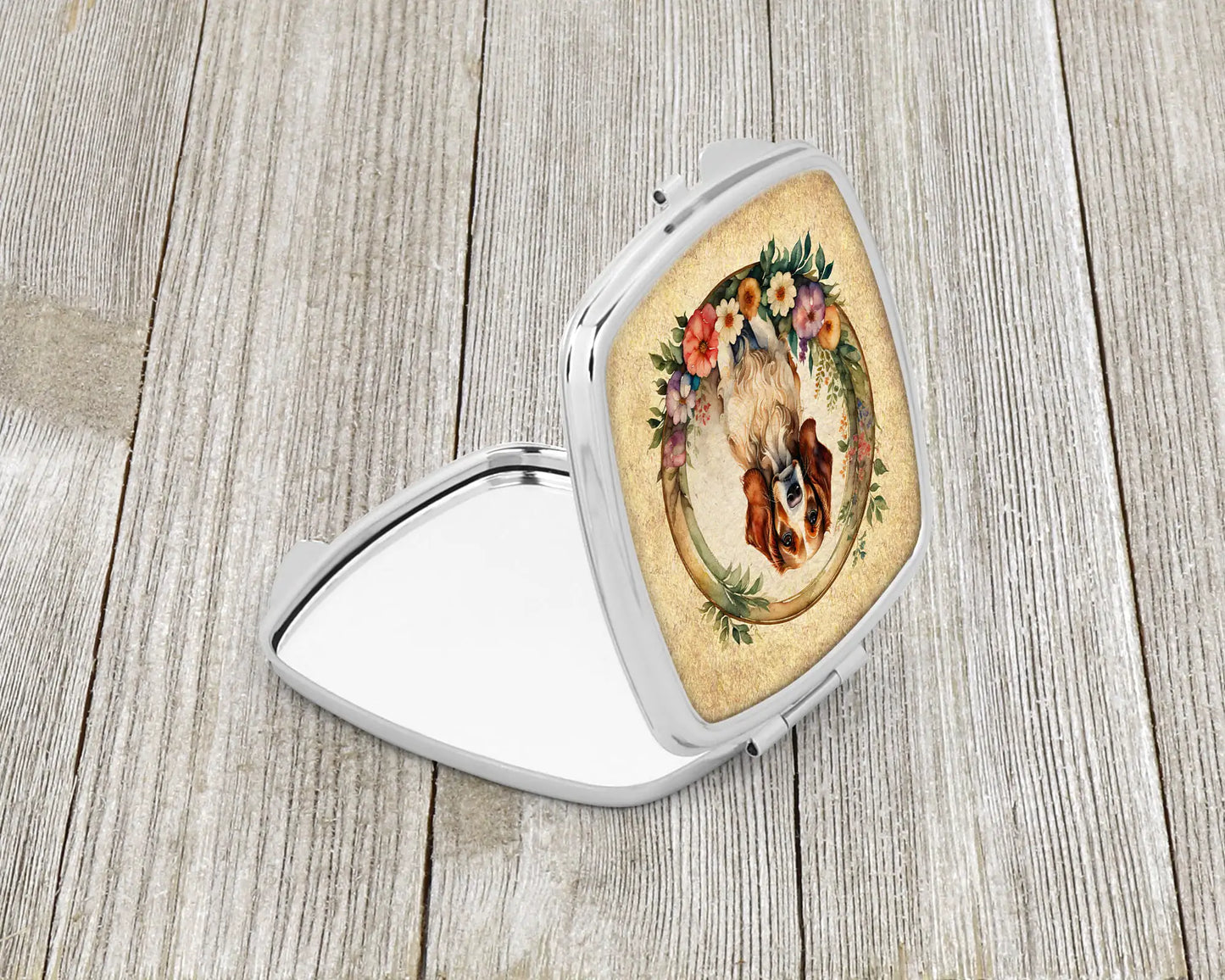 Brittany Spaniel and Flowers Compact Mirror