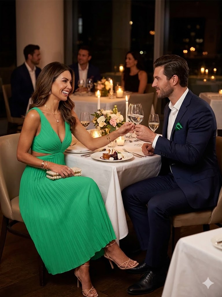 Green pleated long dress with V-neck and backless waist cutouts