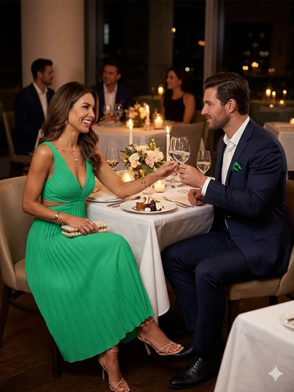 Green pleated long dress with V-neck and backless waist cutouts