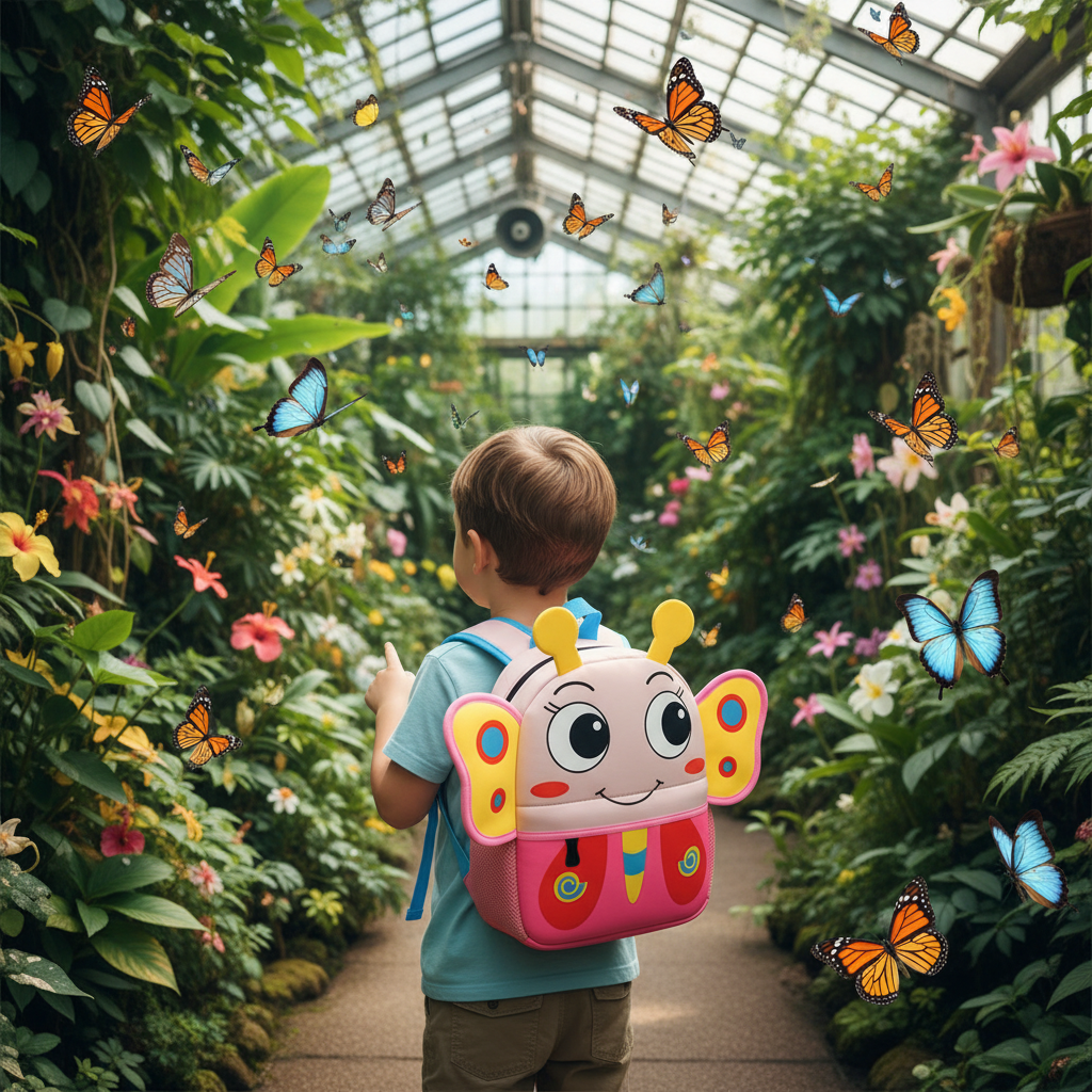 Kids cartoon animal backpack with pink front panel, smiling face graphic, and side pockets