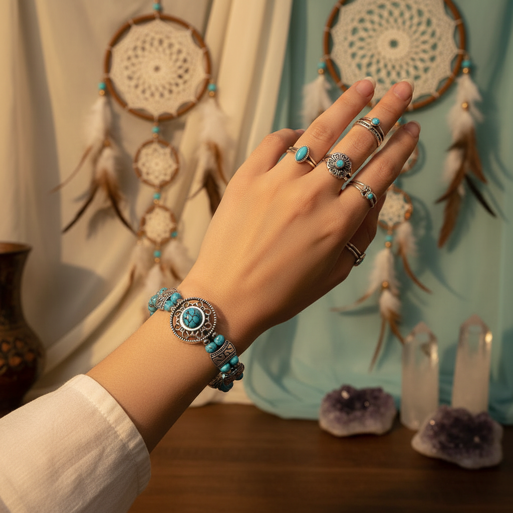 Double-row beaded bracelet with turquoise center disc and dark blue bead rows