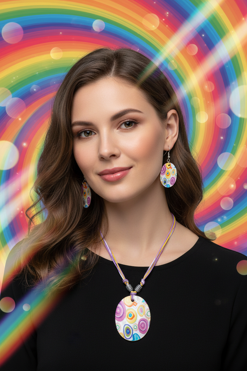 Shell necklace and drop earring set with rainbow-pattern oval pendant and dangling earrings