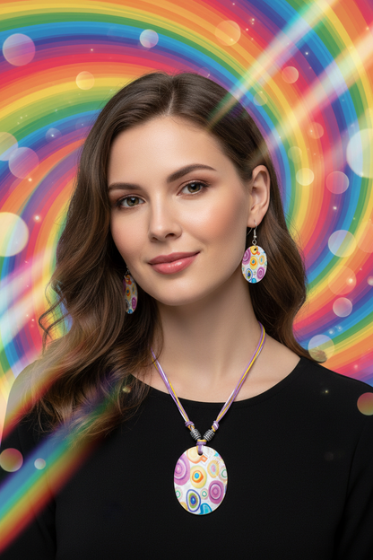 Shell necklace and drop earring set with rainbow-pattern oval pendant and dangling earrings