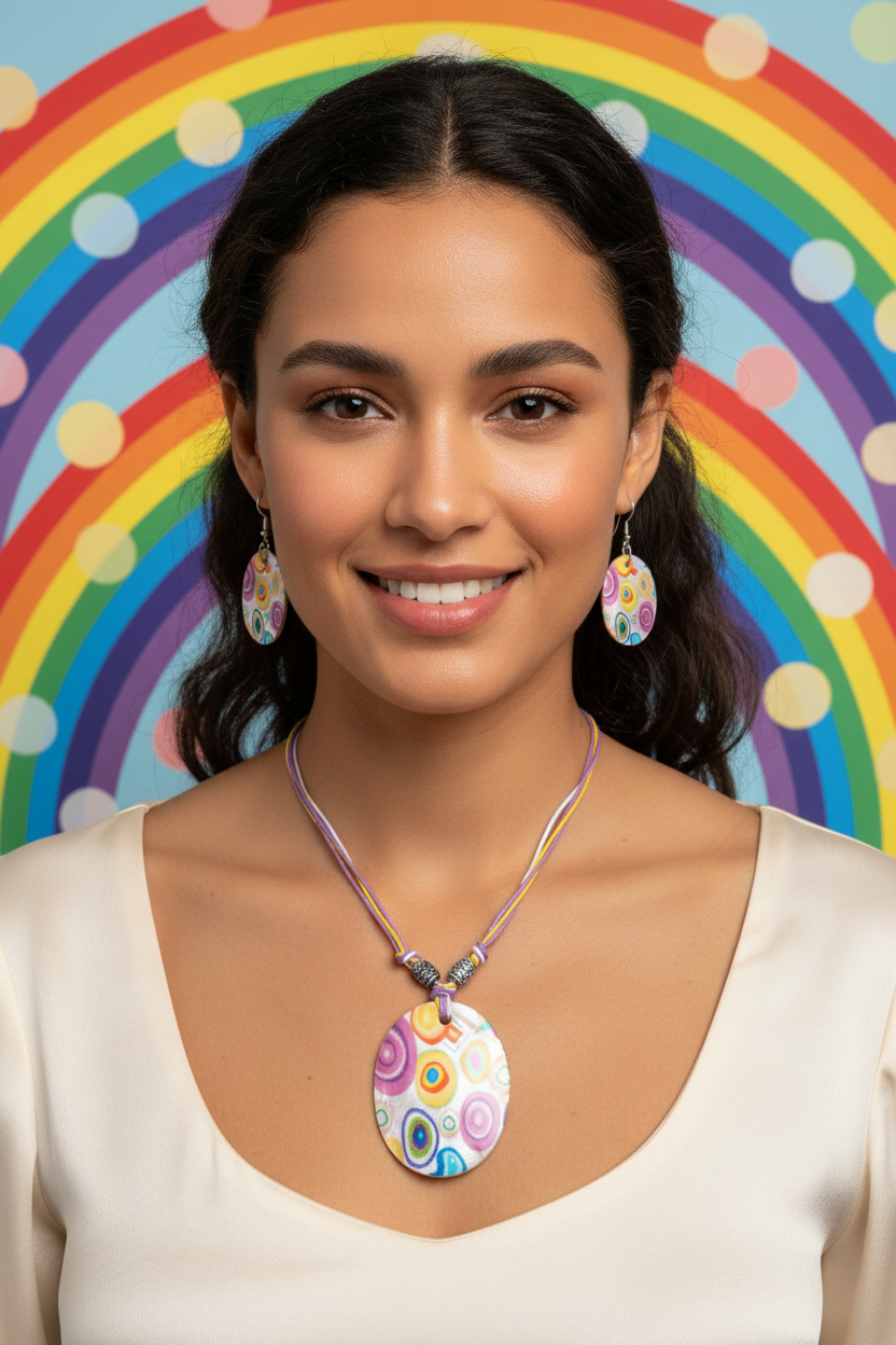 Shell necklace and earring set with round multicolor pendant and matching teardrop earrings