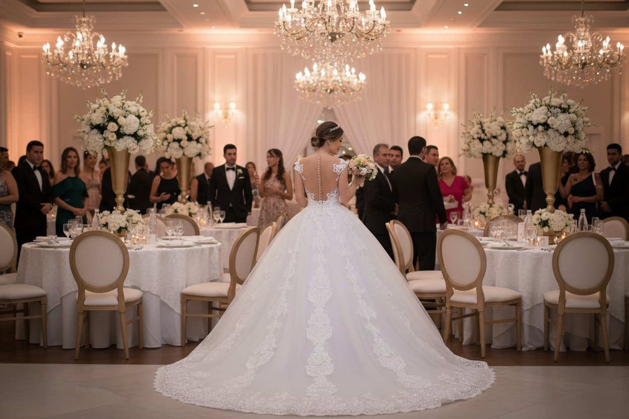 White lace wedding dress with illusion back, fitted bodice, and long A-line skirt train