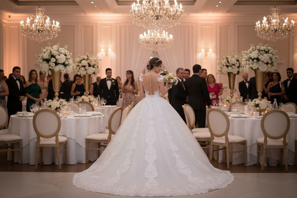 White lace wedding dress with illusion back, fitted bodice, and long A-line skirt train