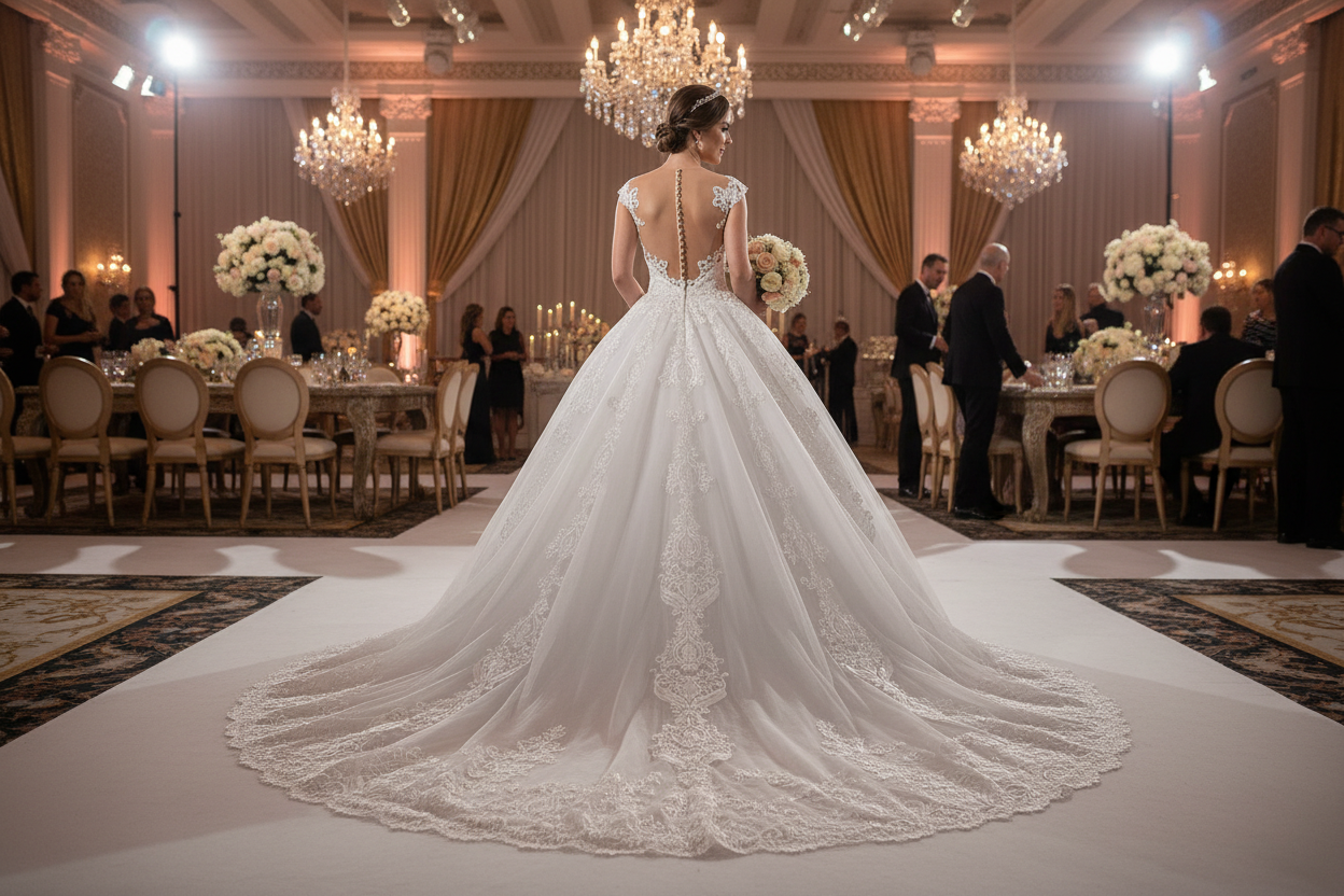 White lace wedding dress with open back and sheer lace sleeves, full skirt and train