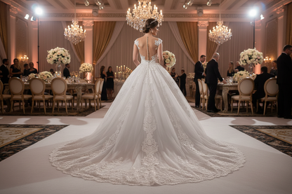 White lace wedding dress with open back and sheer lace sleeves, full skirt and train