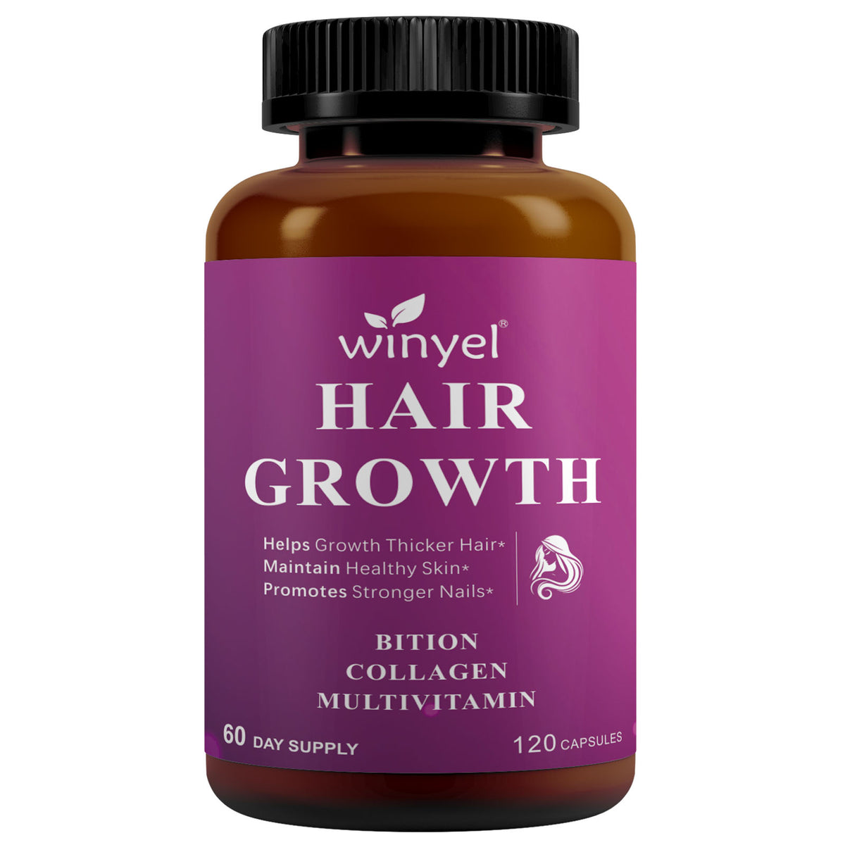 Hair growth supplement bottle, amber bottle with black cap and purple label