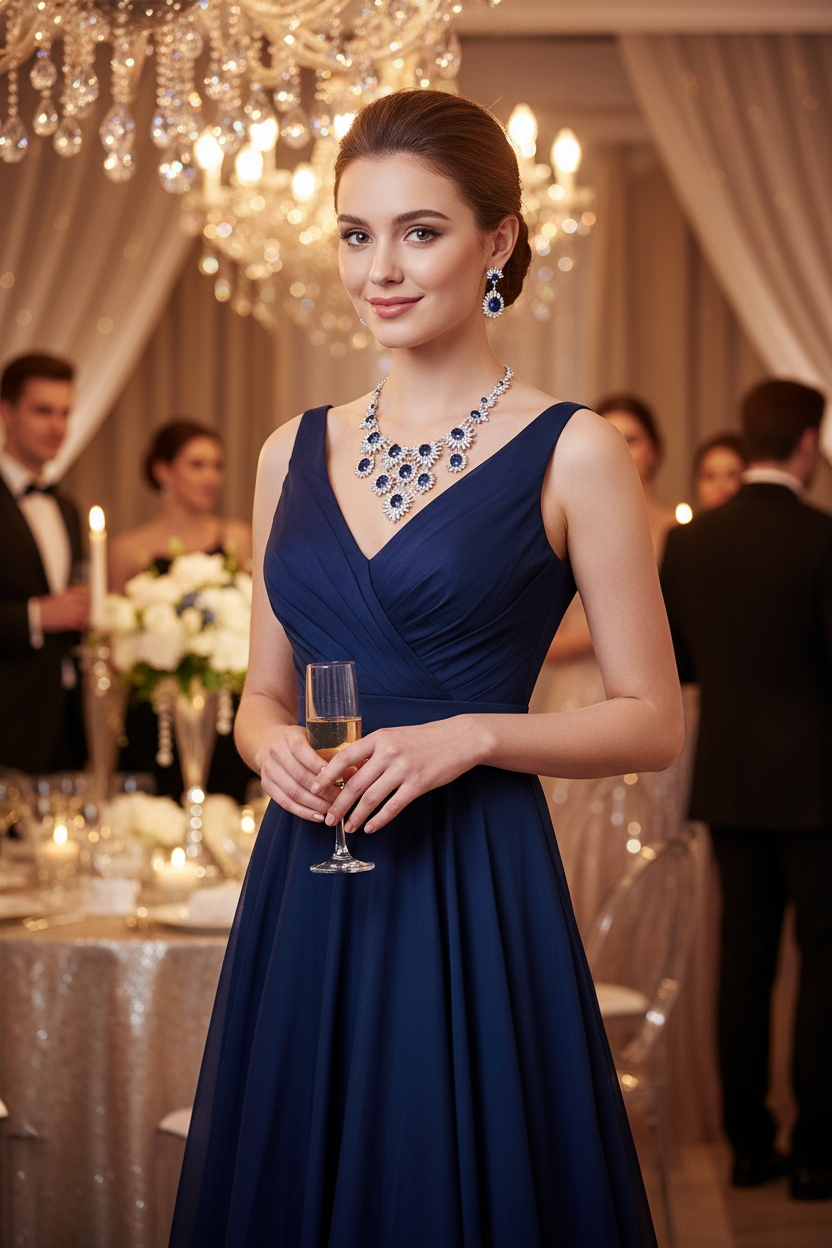 Zircon rhinestone necklace with matching earrings in blue and silver tones