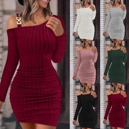 Solid Color Metal Buckle  Sheath Sexy Long Sleeve Dress
