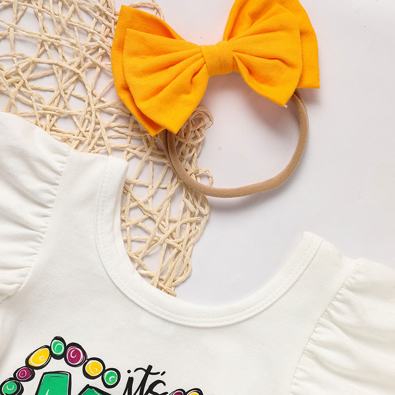 Baby Girls' Mardi Gras Outfit Set Ruffle Sleeve Letter Print Bodysuit, Mesh Tutu Skirt & Hairband