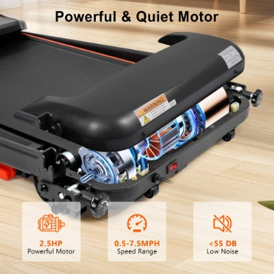 Black treadmill rear roller area with visible motor components and orange trim.