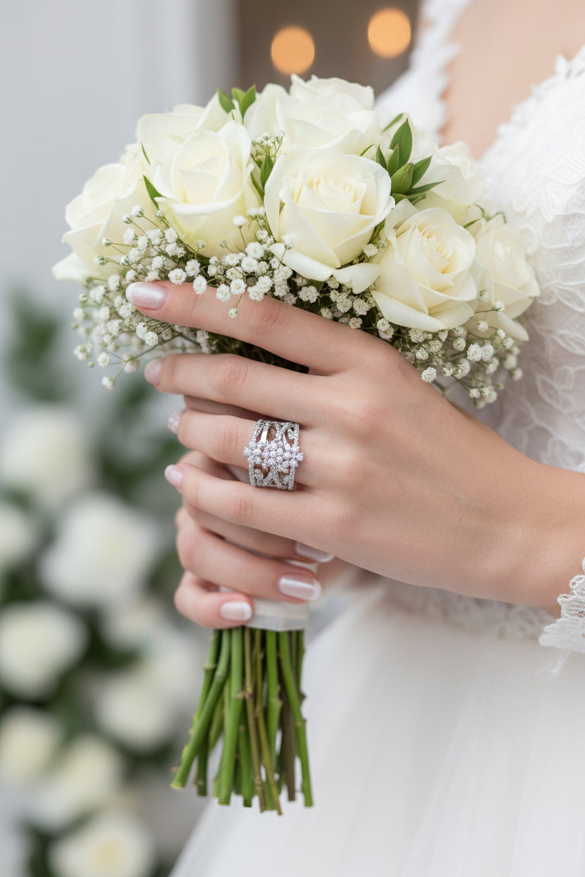 Diamond ring set with stacked bands and small stones, silver