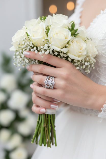 Diamond ring set with stacked bands and small stones, silver