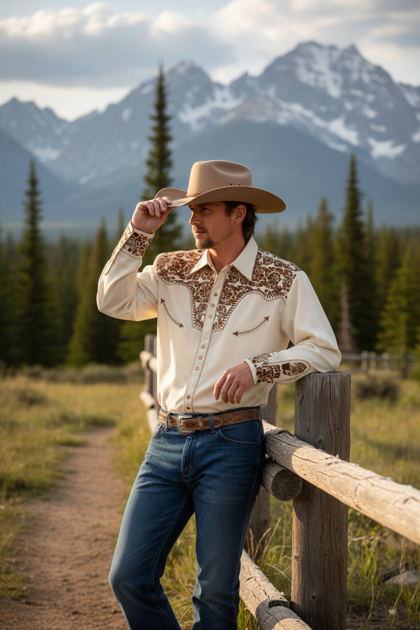 Men's long-sleeve polo collar button shirt, cream with tan ornate yoke and trim