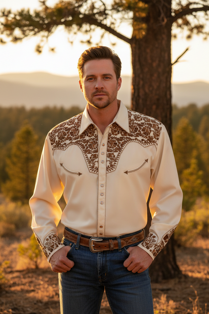 Men's long-sleeve polo-collar button shirt in white with brown patterned yoke
