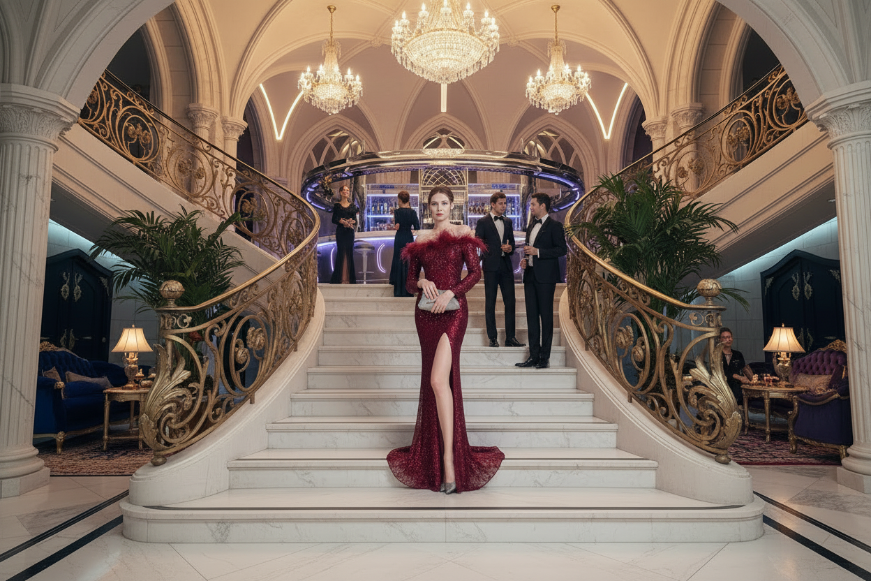 Wine-red off-shoulder long-sleeve sequin mermaid evening dress, full-length