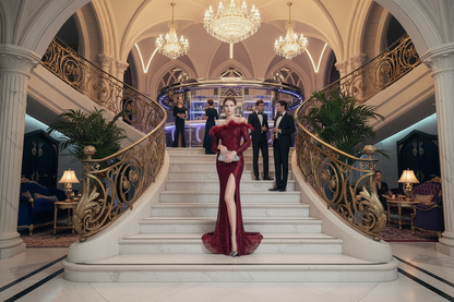 Wine-red off-shoulder long-sleeve sequin mermaid evening dress, full-length