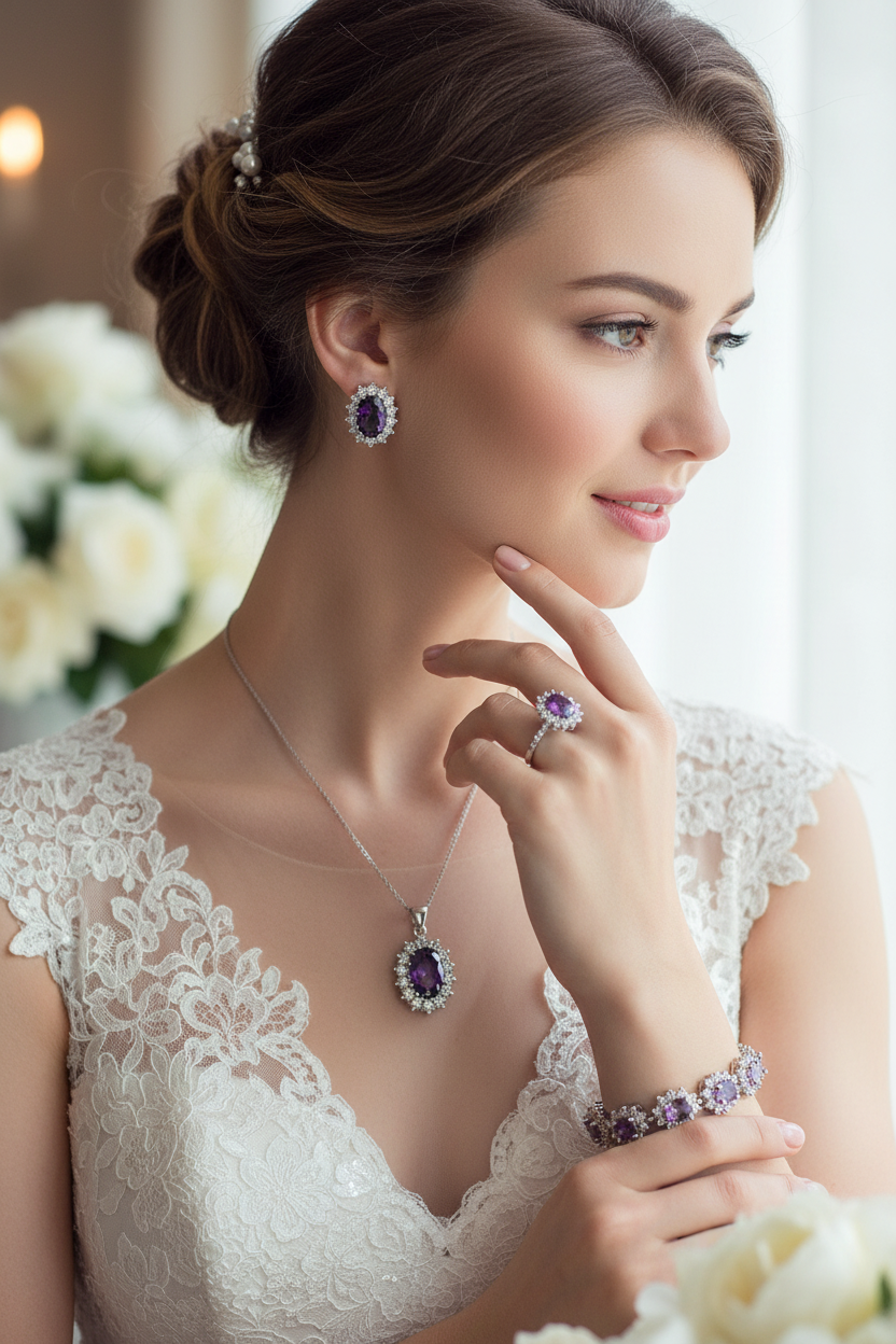 Women’s bridal jewelry set with purple oval zirconia pendant, earrings, ring, bracelet