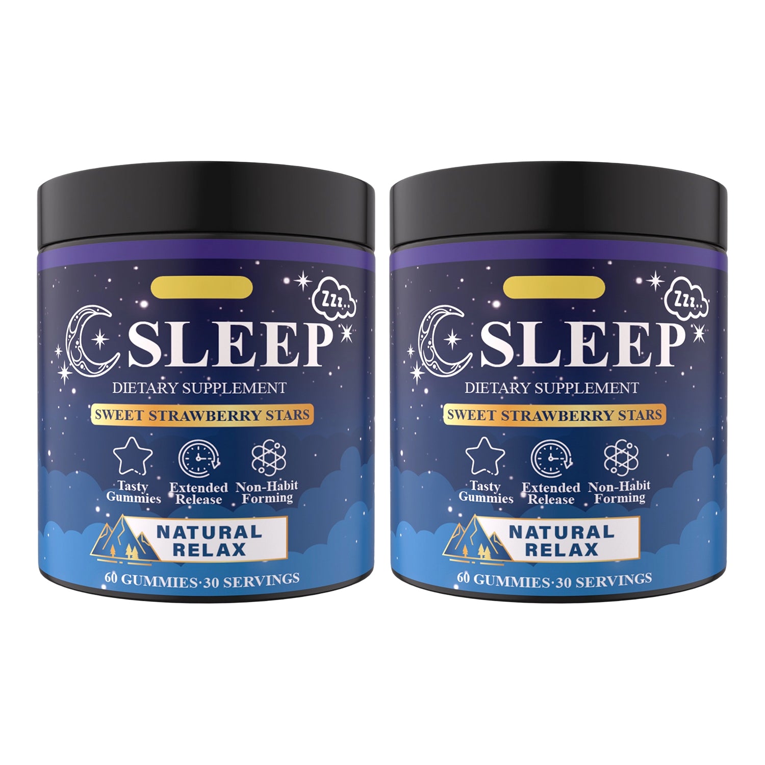 Sleep gummies supplement jars, 2-pack, dark lids and blue starry labels