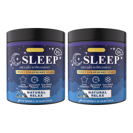 Sleep gummies supplement jars, 2-pack, dark lids and blue starry labels