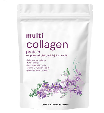 Multi-collagen peptide powder bag: white pouch with purple "multi collagen" floral print