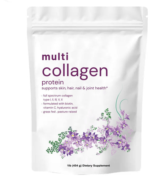 Multi-collagen peptide powder bag: white pouch with purple "multi collagen" floral print