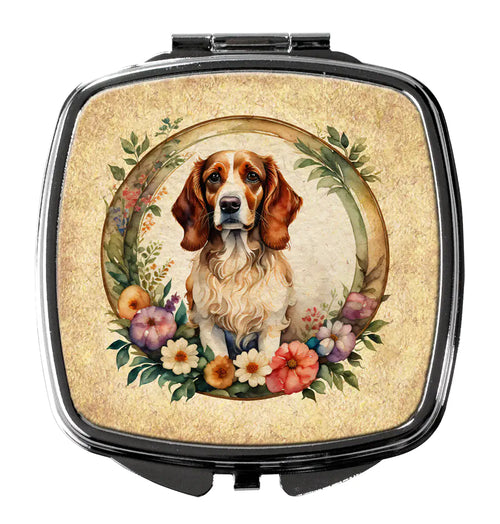 Brittany Spaniel and Flowers Compact Mirror